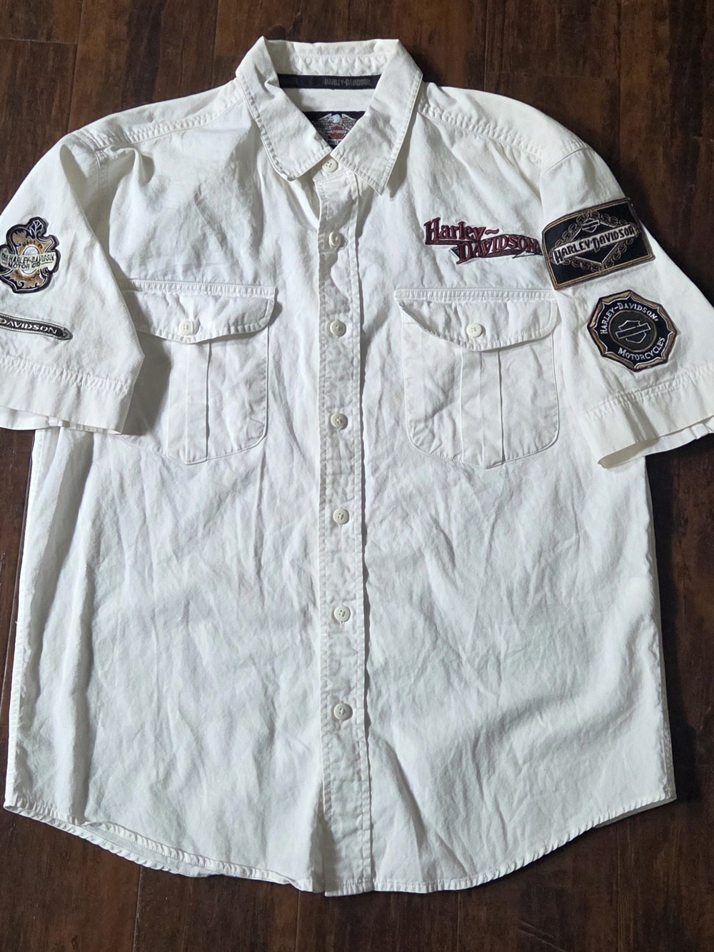 Harley-Davidson White Short-Sleeve Button-Down Shirt with Logo Patches